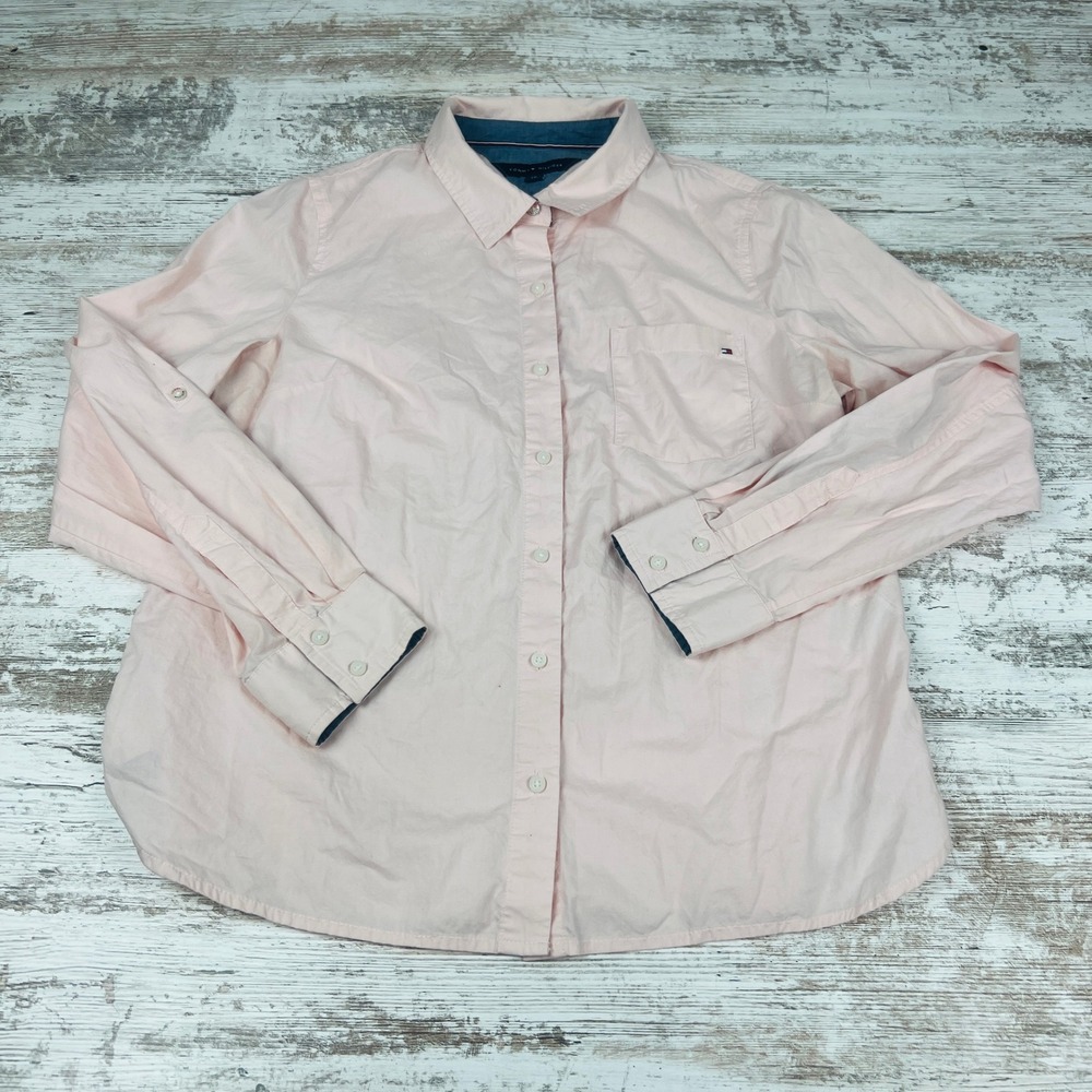 Tommy Hilfiger Womens Large Pink Cotton Roll Tab Button Up Long Sleeve Shirt